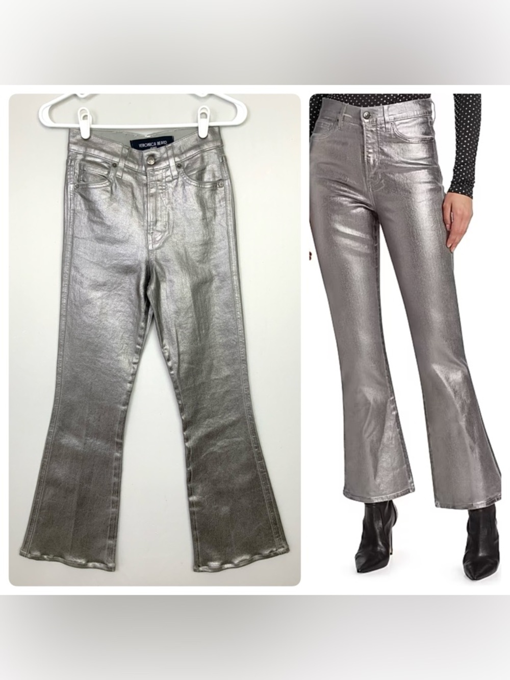 Veronica Beard Sz 24 Metallic Silver Coated Carson Ankle Flare High Rise Jeans